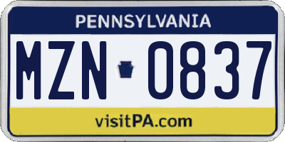 PA license plate MZN0837