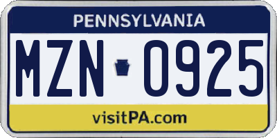 PA license plate MZN0925