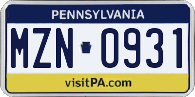 PA license plate MZN0931