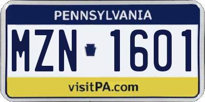 PA license plate MZN1601