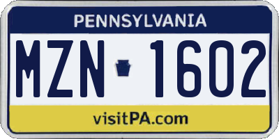 PA license plate MZN1602