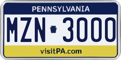 PA license plate MZN3000
