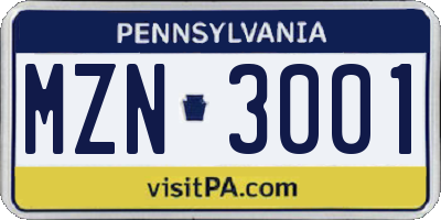 PA license plate MZN3001