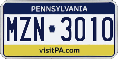PA license plate MZN3010