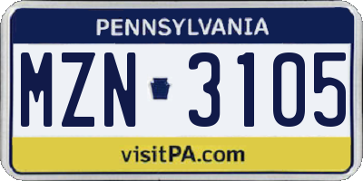 PA license plate MZN3105