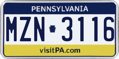 PA license plate MZN3116