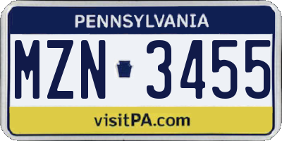 PA license plate MZN3455