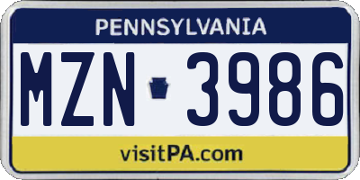 PA license plate MZN3986