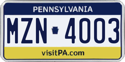 PA license plate MZN4003