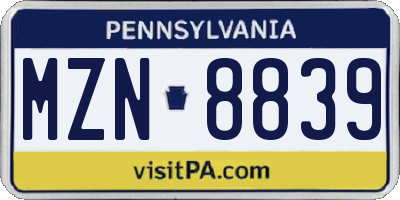 PA license plate MZN8839