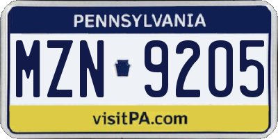 PA license plate MZN9205