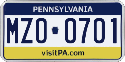 PA license plate MZO0701