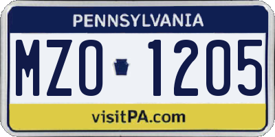 PA license plate MZO1205