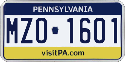PA license plate MZO1601
