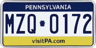 PA license plate MZQ0172