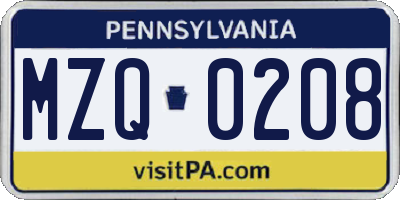 PA license plate MZQ0208