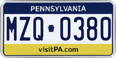 PA license plate MZQ0380