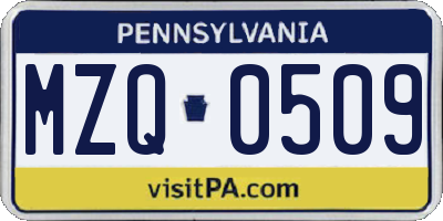 PA license plate MZQ0509