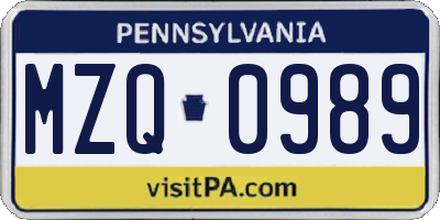 PA license plate MZQ0989