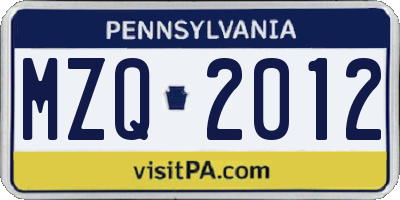 PA license plate MZQ2012