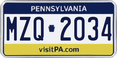 PA license plate MZQ2034