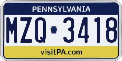 PA license plate MZQ3418