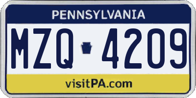 PA license plate MZQ4209