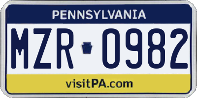 PA license plate MZR0982