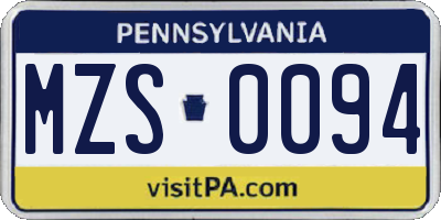 PA license plate MZS0094