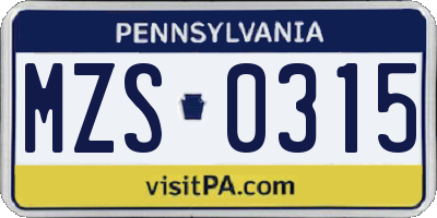 PA license plate MZS0315