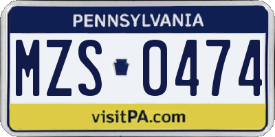PA license plate MZS0474