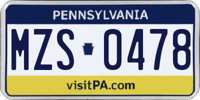 PA license plate MZS0478