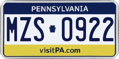 PA license plate MZS0922