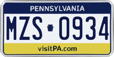 PA license plate MZS0934