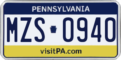 PA license plate MZS0940