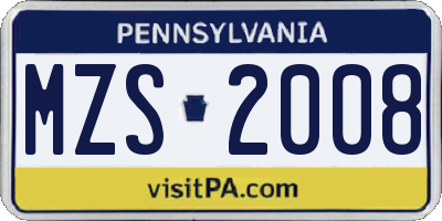 PA license plate MZS2008