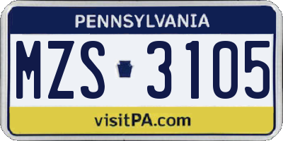 PA license plate MZS3105