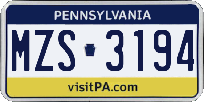 PA license plate MZS3194