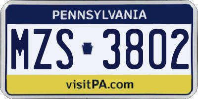 PA license plate MZS3802