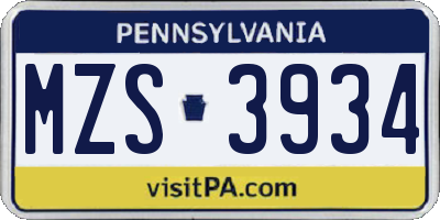 PA license plate MZS3934