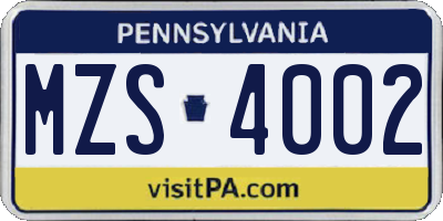 PA license plate MZS4002
