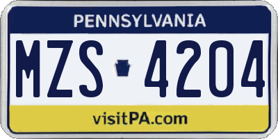 PA license plate MZS4204