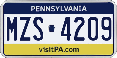PA license plate MZS4209
