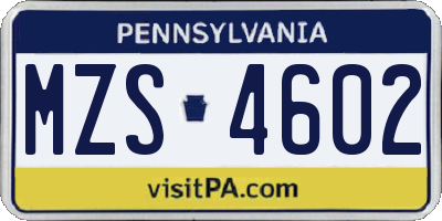 PA license plate MZS4602