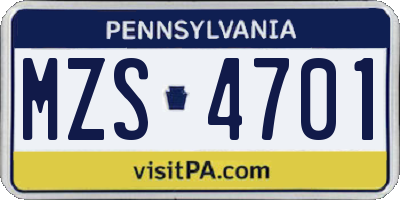 PA license plate MZS4701