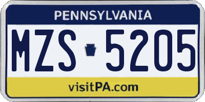 PA license plate MZS5205
