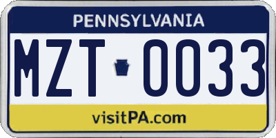 PA license plate MZT0033