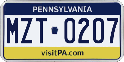 PA license plate MZT0207