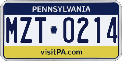 PA license plate MZT0214