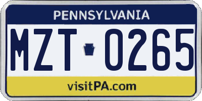 PA license plate MZT0265